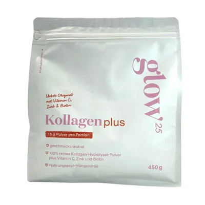 Obrázok produktu pre Glow25® Collagen Plus [450g] - s vitamínom C, zinkom a biotínom - Prémiový hydrolyzát kolagénu - Peptidy typu 1 a 3 - Perfektná rozpustnosť - Prírodný