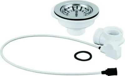 A sink drain assembly kit with a metal strainer, plastic body, and a flexible hose with a connector.