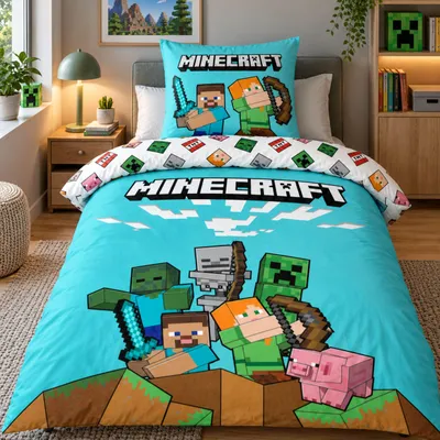 Produktbild von Minecraft Bettwäsche 135x200 80x80 cm 2-tlg. Set 100% Baumwolle; Battle 2.0 Pixel-Design mit Steve, Alex und Creeper für Minecraft Fans