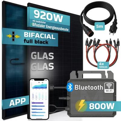 Produktbild von SUNNIVA 920W Balkonkraftwerk BIFAZIAL FULLBLACK komplett Steckdose MARSTEK 800W Wechselrichter, PV Solaranlage 2x 460W Glas Solarmodule, 5m Kabel