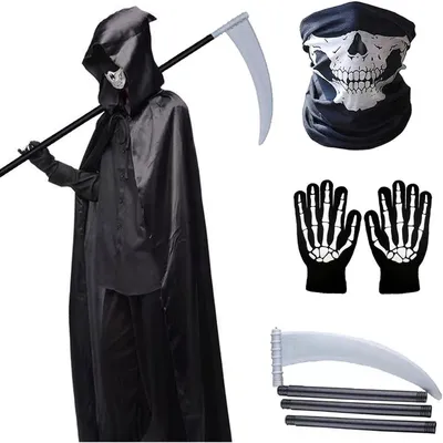 Productafbeelding van Skeletkostuum set voor heren, maat XL, 4-delig, inclusief cape, zeis, masker en handschoenen