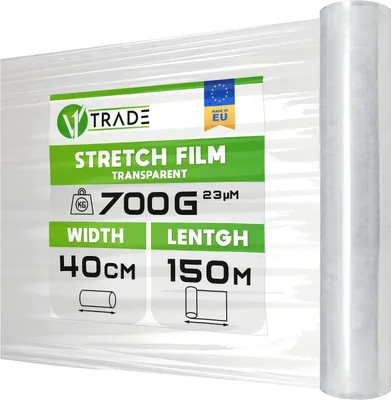 Obrázek produktu pro Průhledná strečová fólie - role 150 m x 40 cm - Odolná vůči vlhkosti a trhání