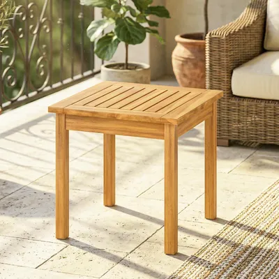 Produktbild von Gartentisch Akazienholz wetterfest, Beistelltisch Balkontisch Holztisch Lamellendesign, Naturholz, verstellbare Füße | 48x48x46 cm | 4,5 kg