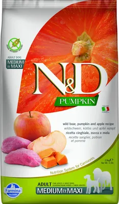 Produktbild von Farmina Pet Food N&D Pumpkin, Adult, Groß (26-44 kg), Mittelgroß (11-25 kg), Apfel, Wildschwein, 2,5 kg, Gluten-frei