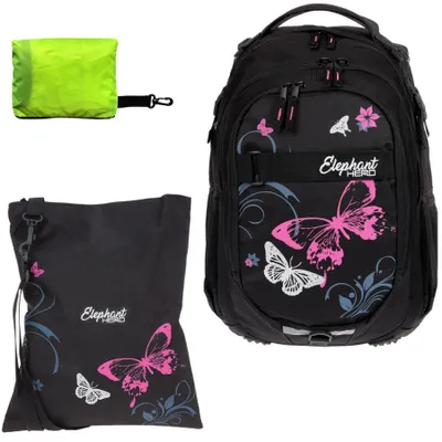 Produktbild von Schulrucksack Mädchen Schmetterling Elephant Hero Signature Schultasche Brustgurt Rucksack Turnbeutel Regenhülle 3 Teile Set Butterfly Pink 12679 +rtp