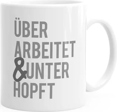 Produktbild von Kaffee-Tasse mit Spruch überarbeitet und unterhopft Bürotasse lustige Kaffeebecher MoonWorks® weiß Keramik-Tasse