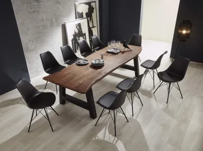 Produktbild von 11 TLG. Essgruppe Adelaide 280 x 100 cm, Akazienholz massiv & nussbaumfarben, Baumkantentisch mit A-Gestell Schwarz + 10x Schalenstuhl Lerche in Schwarz