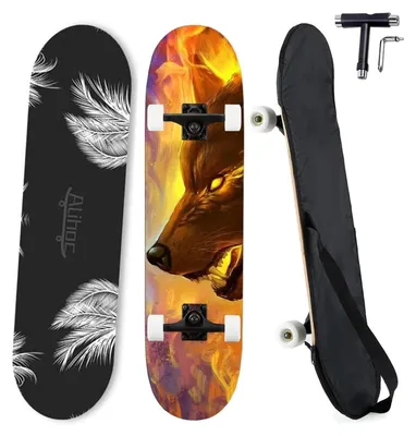 Produktbild von Skateboard 31 Zoll 7 Lagen Ahorn 150 kg Belastung Feuerwolfkopf montiert