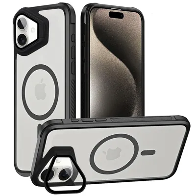Produktbild von CoolGadget Schutzhülle für Apple iPhone 16, MagSafe, Klappbarer Kameraschutz, Ständerfunktion, Halbtransparent, Glas, Extra Stoßschutz, Geriffelter Grip