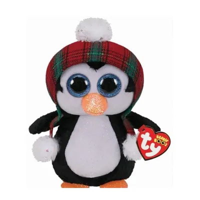 A plush toy penguin wearing a hat and scarf.
