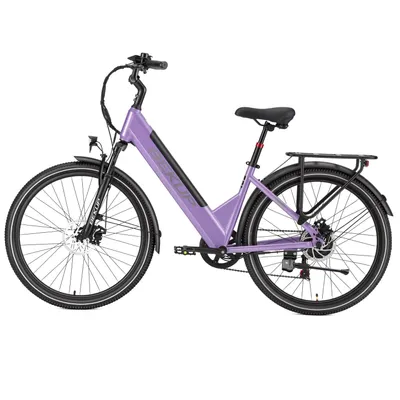Imagen del producto de BEKUP V1, bicicleta eléctrica de 26 pulgadas, fabricada con acero al carbono de alta calidad, batería de 36V y 14,5Ah, alcance de 75 km, velocidad máxima de 25 km/h, cambio Shimano de 7 velocidades, color lila