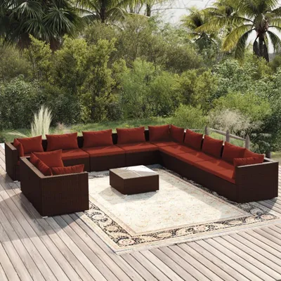 Image de vidaXL Ensemble de salon de jardin 12 pièces avec coussins Marron Poly rotin