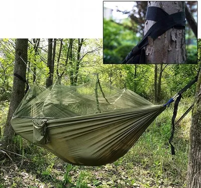 Immagine prodotto di Appendiabiti con Klamboe 260x140 cm - 180 kg - Olijfgroen - Con Rits - Campeggio all'aperto - Muggennet - Amaca di sopravvivenza
