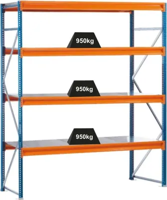 Produktbild von Schulte Weitspannregal mit Stahlpaneelen W 100 | Grundregal | HxBxT 250x214x60cm | 4 Ebenen | Fachlast 950 kg | Blau/Orange/Verzinkt