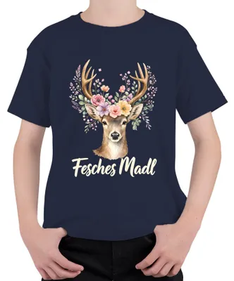 Immagine prodotto di Maglietta per bambini, stile tradizionale bavarese, con motivo di cervo e corna di fiore, in pelle, taglia 152, colore blu navy