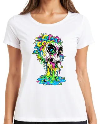 Produktbild von Psychedelischer Totenkopf Bunt Schmelzend Space Galaxie Skull Drip Damen T-Shirt, Weiß, S