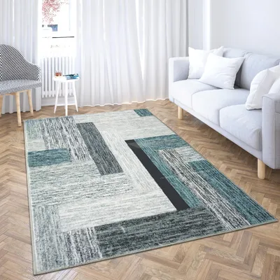 Productafbeelding van Modern vloerkleed, 60 x 120 cm, grijs en lichtblauw, geschikt voor de woonkamer