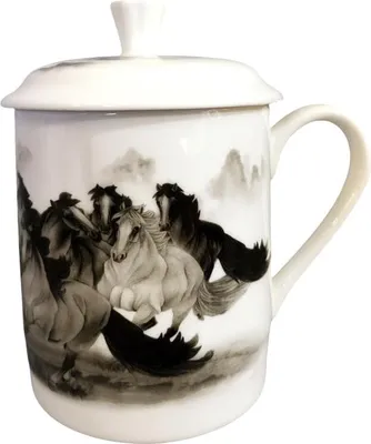 Obrázok produktu pre Fine Asianliving Čínsky čajový pohár s viečkom Porcelánové kone