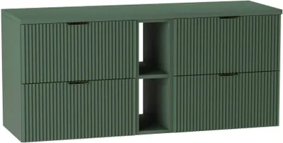 A green vanity cabinet with fluted fronts and gold handles against a white background.