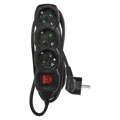 Produktbild von EMOS Steckdosenleiste 3-fach mit Schalter, 150 cm Kabel 1,5 mm, schwarz, Steckdosen 45° gedreht, Schuko mit erhöhtem Berührungsschutz, für Innen, PC1321R