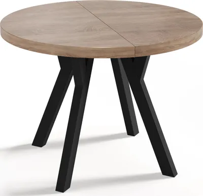 Produktbild von Designer Runder Ausziehbarer Esstisch - Loft-Stil, Industriell, Platzsparend - Schwarze Beine - 100 bis 200 cm - für 5-10 Personen - Hergestellt in EU - Sonoma Eiche - 200 cm