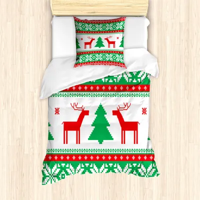 Produktbild von ABAKUHAUS Weihnachten Mantele, Ferienzeit Deer, Milbensicher Allergiker geeignet mit Kissenbezügen, 135 cm x 200 cm - 80 x 80 cm, Rot, Grün, Weiß