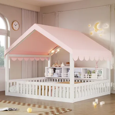 Produktbild von MODFU Hausbett 140 x 200 Kinderbett mit Baldachin, LED-Lichterkette und Bücherregal, Bodenbett Holzbett mit Schutzgitter, ohne Matratze, Weiß