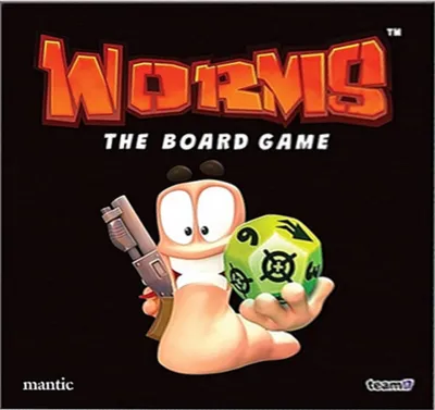 The image shows the box art for the board game 'Worms: The Board Game'.