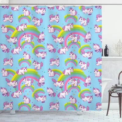 Produktbild von ABAKUHAUS Einhorn Duschvorhang, Niedlicher Cartoon-Childish, Set inkl.12 Haken aus Stoff Wasserdicht Bakterie und Schimmel Abweichent, 175 x 180 cm, Multicolor