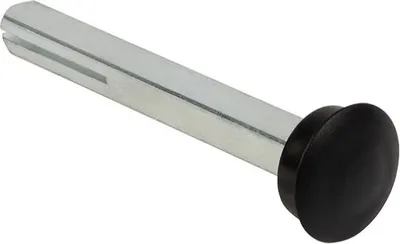 A metal pin with a black cap on a white background.