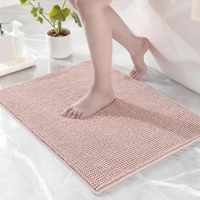 Produktbild von Chenille-Badematte/Fußmatte/Badezimmerteppich, waschbar, saugfähig und rutschfest, für Dusche/Badezimmer, rosa, 50 x 80 cm