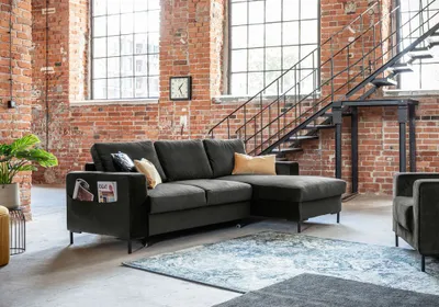 Produktbild von MIUFORM Lofty Lilly - Ecksofa mit Bettfunktion und Bettkasten L-FORM RECHTS - 236x148cm - Velours Dunkelgrau - Sofa Schlafsofa Couch