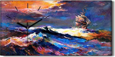 Produktbild von Küchenuhr Bürouhr Leinwand Uhr Quarz 60x30 Bild See Schiff Ozean Sonnenuntergang - schwarze Hände