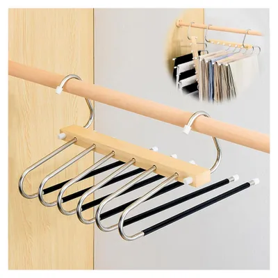 Produktbild von Hosenbügel Klemmbügel Holz, 6 In 1 Edelstahl Faltbare Hosenbügel Platzsparend, rutschfest Multifunction Hosen Kleiderbügel, Kleiderschrank Organizer für Hosen, Jeans, Handtücher, Schals