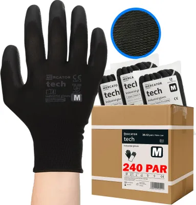 Zdjęcie produktu dla Rękawice Robocze MERCATOR Tech Black+Blackpoliuretan - M - 240 Par