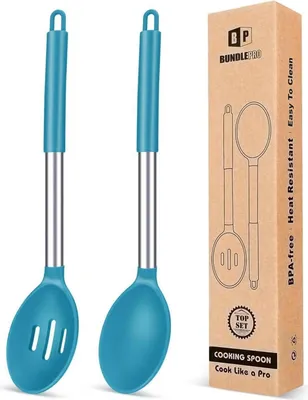 Image de lot de 2 grandes cuillères de cuisine en silicone antiadhésif résistant à la chaleur bleu