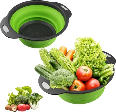 Obrázok produktu pre Skladací silikónový cedník - vhodný na cestoviny a zeleninu - 2 kusy - zelený - 23,5 a 29 cm