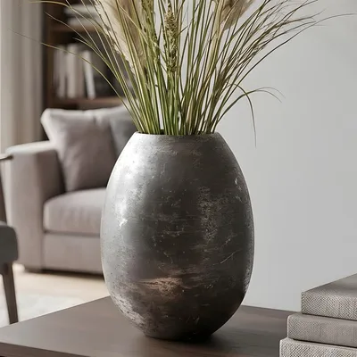 Produktbild von Dekovase "Antik" aus Metall, grau / gold, Blumenvase 24 cm hoch, Tischvase für Trockenblumen, Zweige & Äste, Vase