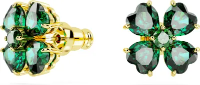 Two earrings, one showing the back and the other the front, against a white background.