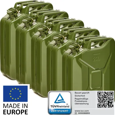 Produktbild von BW® Kraftstoffkanister Metall Benzinkanister 5x 20 Liter - Olivegrün RAL 6003 - UN-Zulassung - Hergestellt in Europa