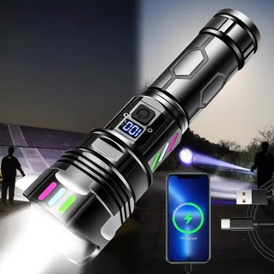 Produktbild von Extrem Stark LED Taschenlampe Strahler Superbeam Flashlight SOS Lampe Leuchte IPX6, 5 Modi, 5000 mAh USB-aufladbar, Powerbank für Camping & Notfälle