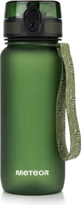 A green water bottle with a black and green lid and a patterned strap.