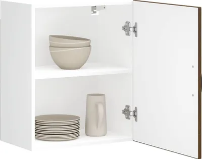 An open white cabinet with shelves displaying kitchenware.