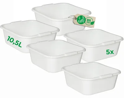 Produktbild von Novaliv 5x Spülschüssel eckig 10,5L, 34x34 cm, Weiß, BPA-frei & Spülmaschinenfest – Ideal für Küche und Camping, Wanne, Große Plastikschüssel, Waschschüssel eckig, Waschwanne, Abwaschschüssel