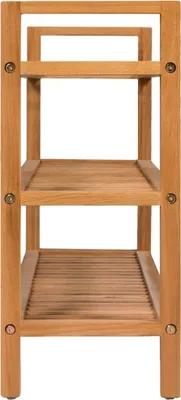 A three-tiered wooden shelf unit.