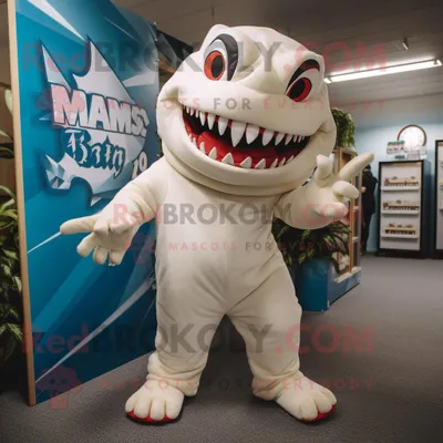 Produktbild von Cremefarbener REDBROKOLY Hai Maskottchen Kostüm mit Overall und Fußkettchen