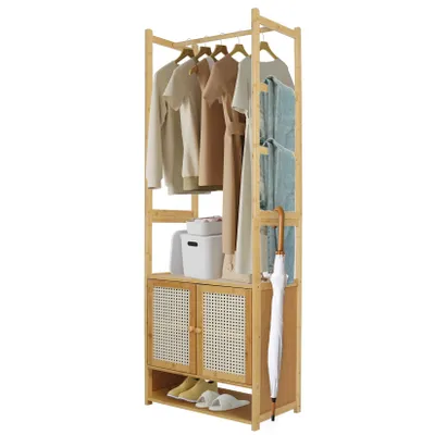Image de Portant vêtements en bambou 53 × 31,5 × 168 cm – penderie avec armoire et tringle, dressing sur pied pour vêtements, chaussures et sacs
