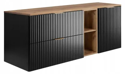Image de Rodan Meuble sous vasque 120cm - Cannelé Noir - Plateau & Étagère Chêne - FLOW
