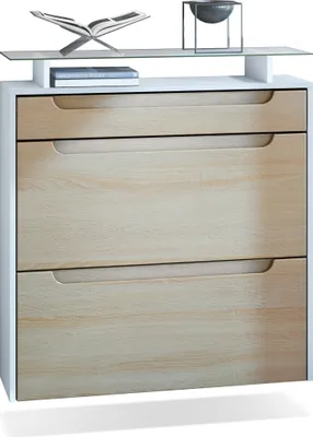 Produktbild von Vladon Schuhschrank Annie, Schuhkipper für 16 Paar Schuhe mit 2 Klappen, 1 Schublade und Glasablage, Weiß matt/Eiche sägerau, Griffmulden in Eiche sägerau (89 x 96 x 23 cm)