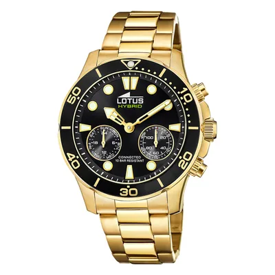A product shot of a gold and black watch.